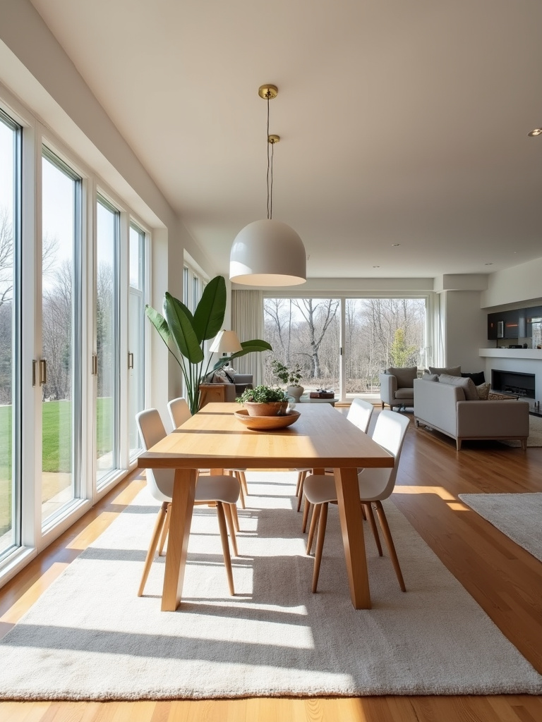 Modern open-plan dining room with natural light and minimalist decor