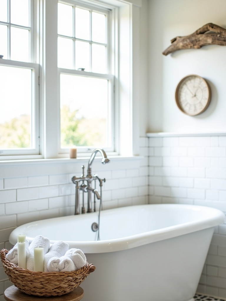 Coastal bathroom with white subway tiles, light gray grout, and natural light