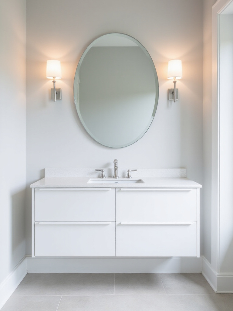 Modern bathroom with a frameless oval mirror above a white vanity.