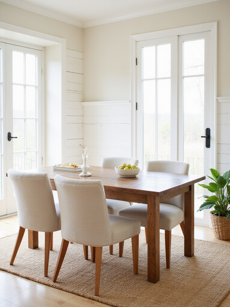 Bright and airy farmhouse dining room with neutral color palette