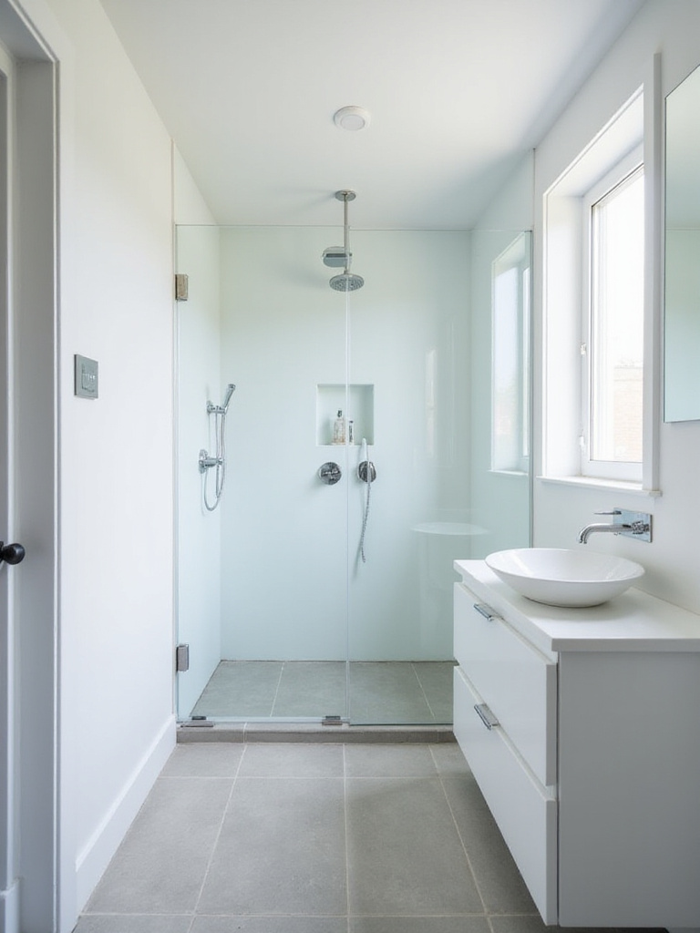 Small bathroom with a frameless clear glass shower enclosure, maximizing space and light.