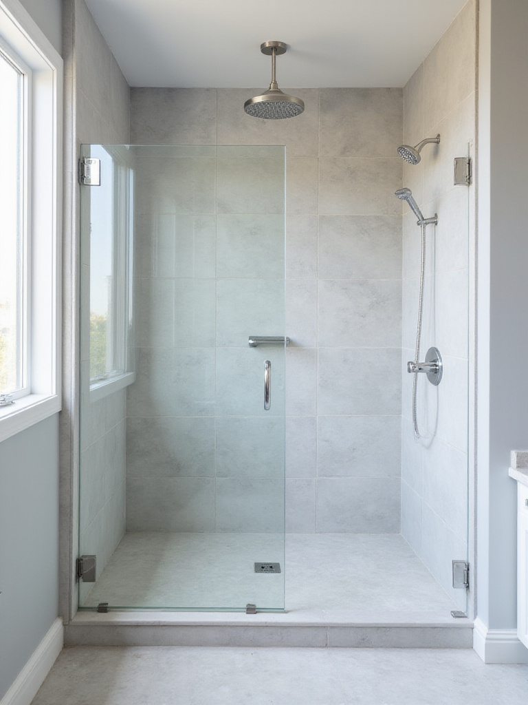 Modern bathroom interior with sleek walk-in shower and glass panel.