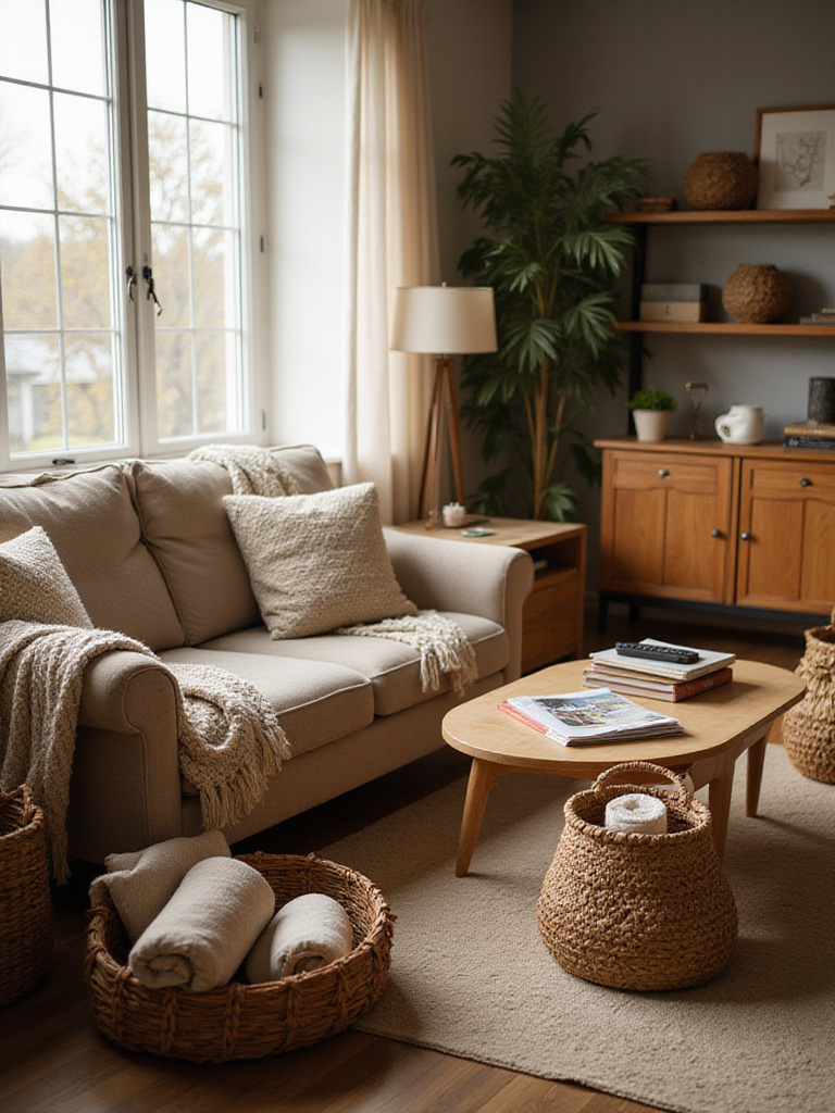 Cozy living room with woven baskets and storage solutions for clutter organization.