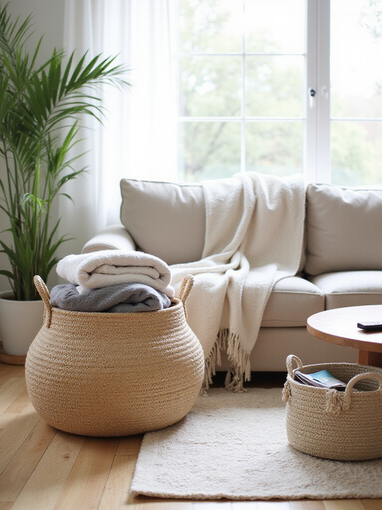 Living room with decorative baskets holding blankets, magazines, and remote controls, enhancing both organization and style.