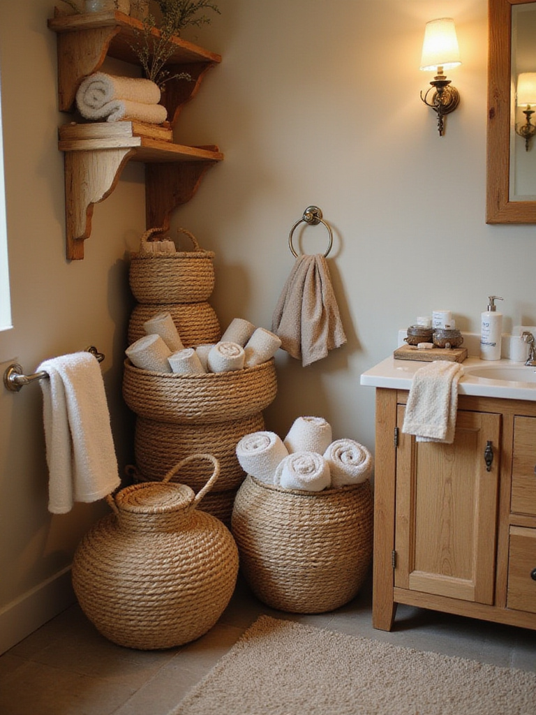 Rustic bathroom decor with woven baskets for organized storage