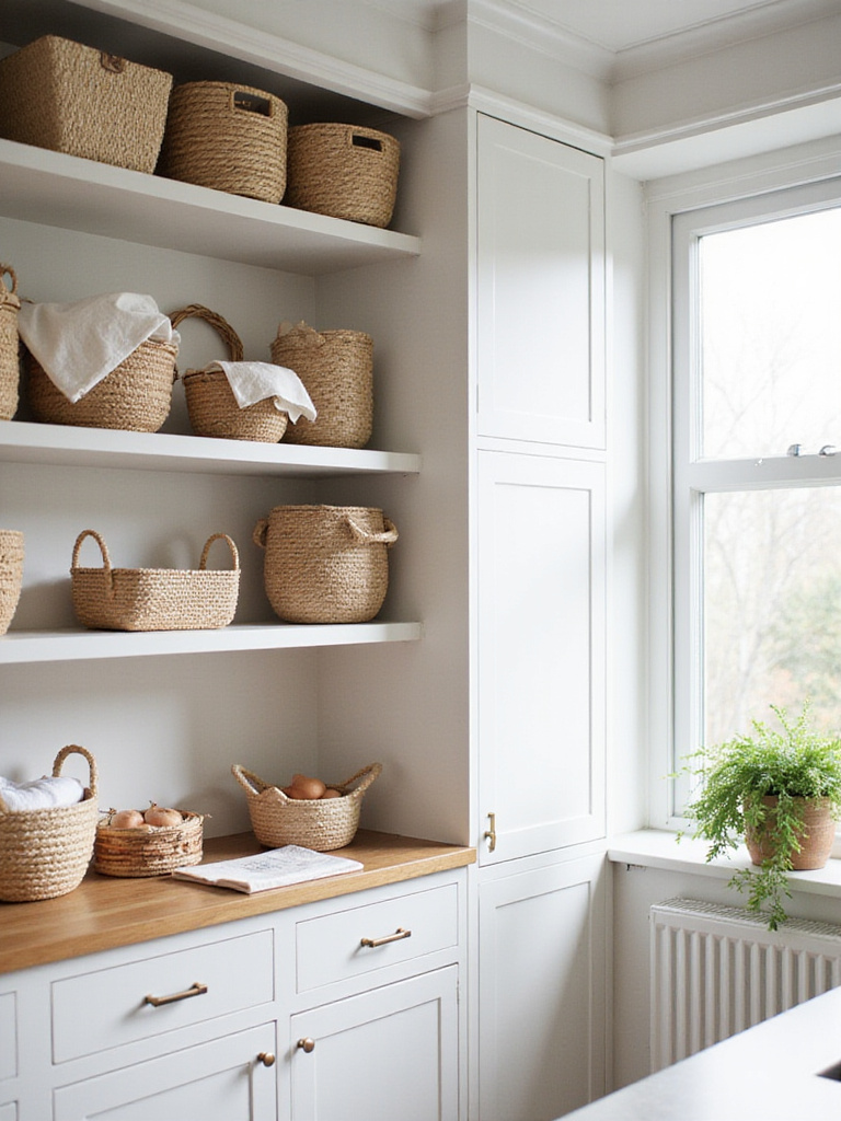 Scandinavian kitchen with woven baskets for stylish storage on open shelving