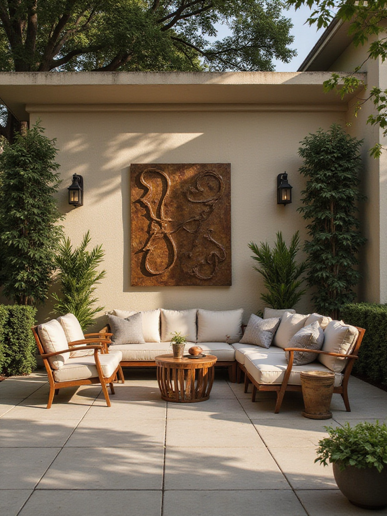 Patio featuring abstract metal wall art