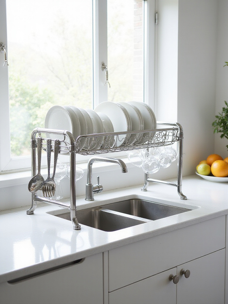 Stainless steel over-the-sink drying rack maximizing counter space in a modern kitchen