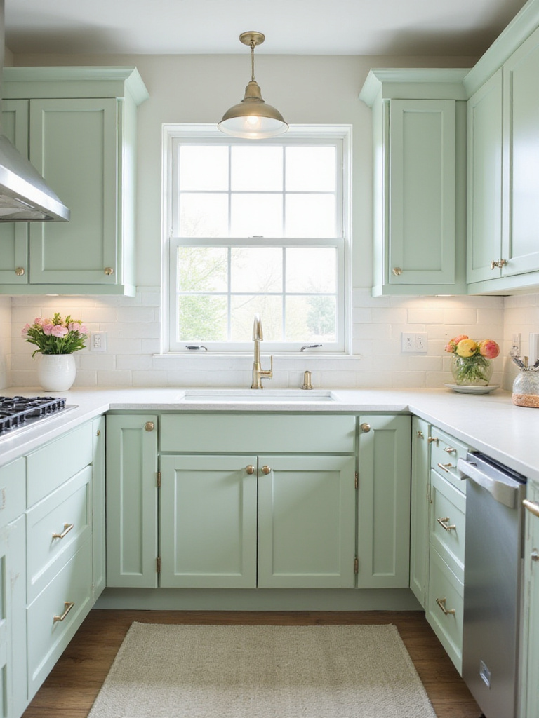 Light sage green kitchen cabinets with white countertops and stainless steel appliances.