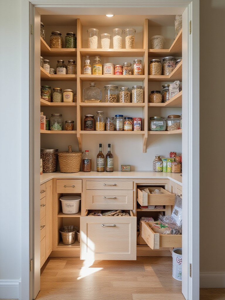 Well-organized walk-in pantry with light wood shelving and clear storage containers