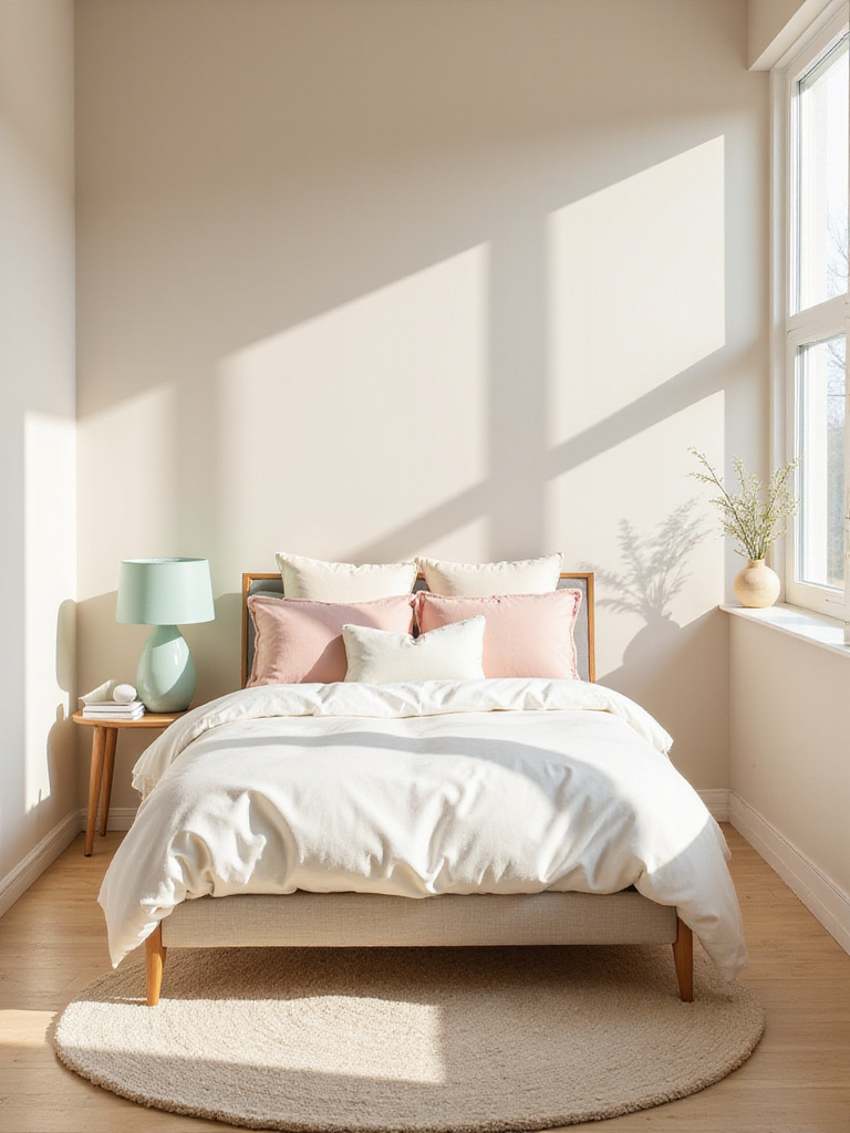Beige bedroom with blush pink and mint green pastel accents creating a serene and calming atmosphere.