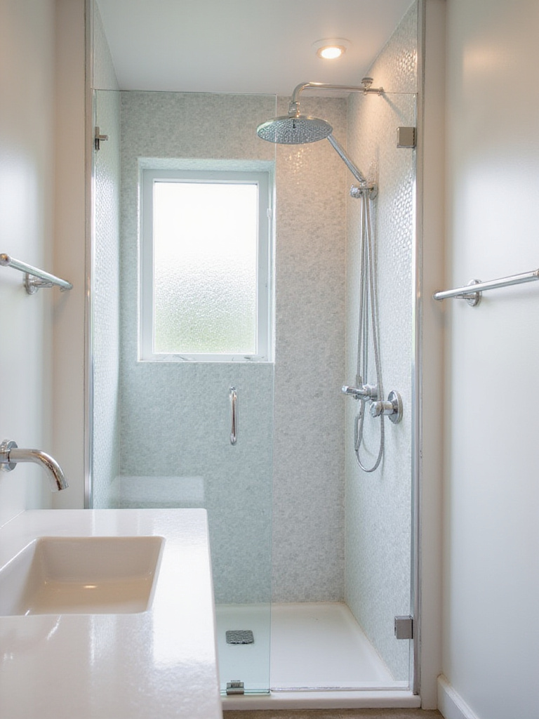 Small bathroom with light grey hexagonal tile shower accent wall