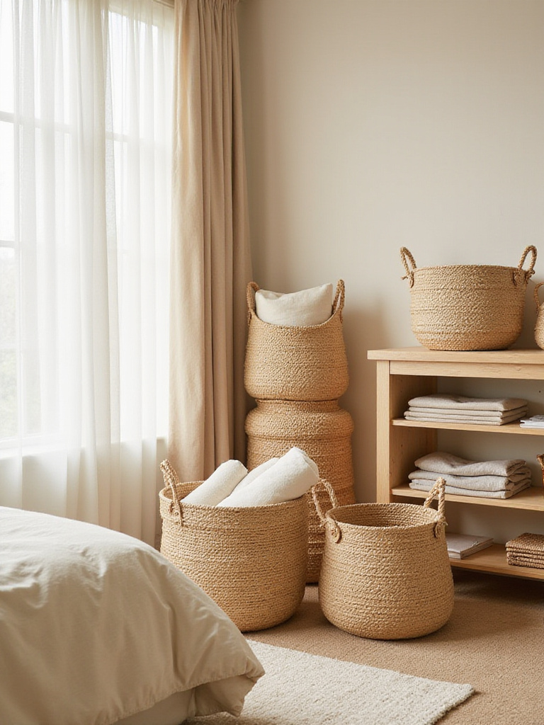 Beige bedroom corner with woven storage baskets for blankets and folded items.