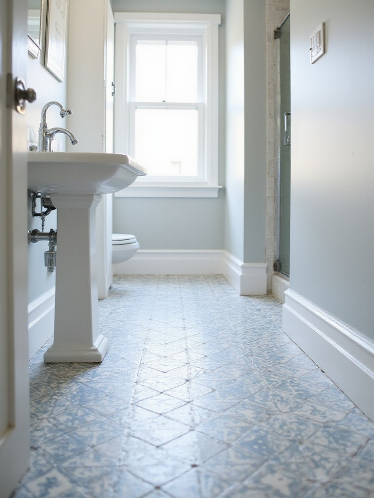 Bathroom featuring classic patterned encaustic floor tiles