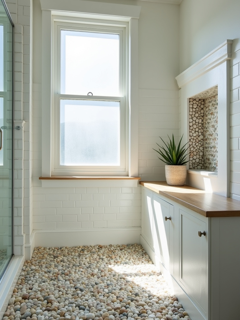 Coastal bathroom design with pebble mosaic shower floor and accent niche