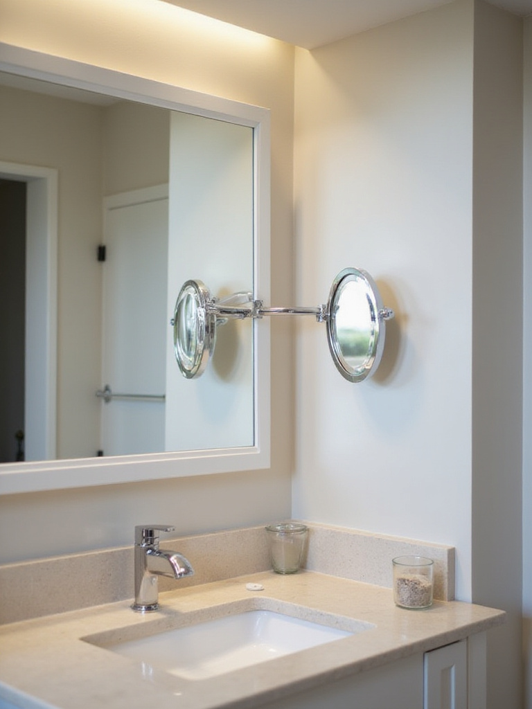 Modern bathroom vanity featuring a wall-mounted magnifying mirror with LED lighting.