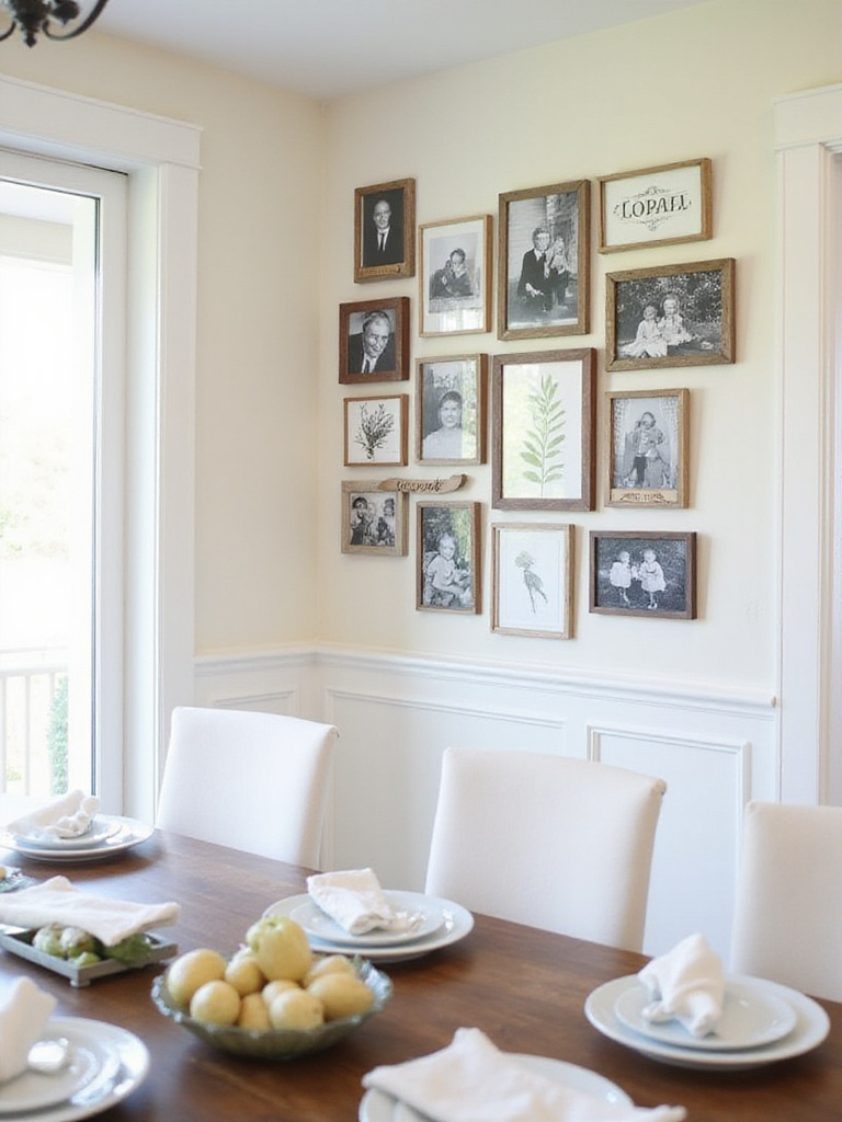 Farmhouse dining room with gallery wall featuring family photos and botanical prints