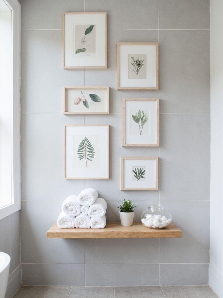 Bathroom wall with framed art and decorative shelf featuring towels and plants.