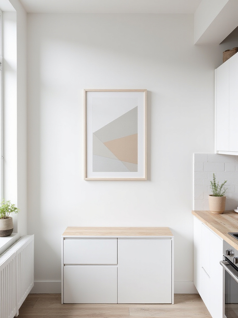 Scandinavian kitchen with white cabinets and minimalist abstract art print