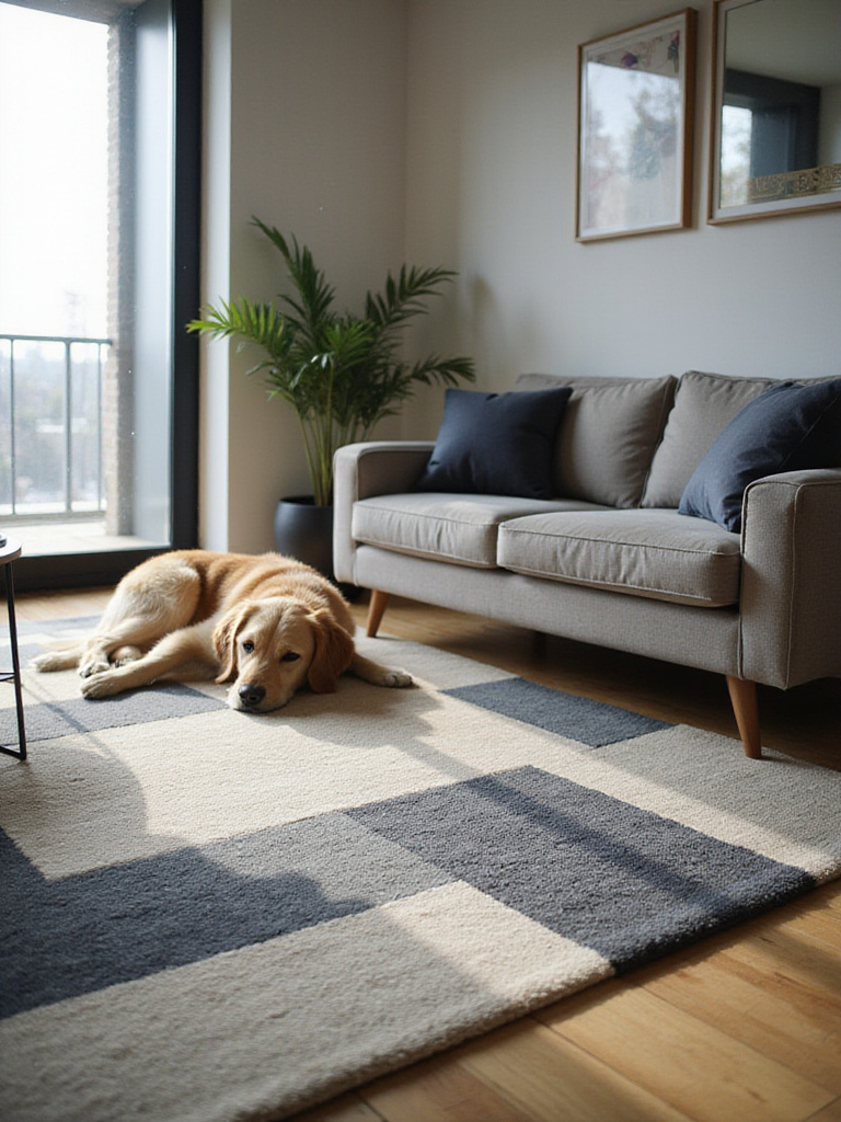 Pet-friendly living room with a durable, easy-to-clean geometric rug and a golden retriever.