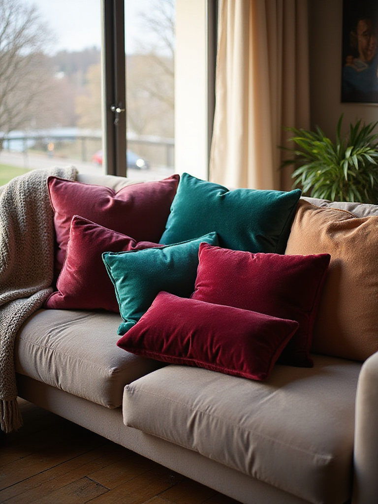 Cozy living room with plush velvet pillows in jewel tones on a sofa.