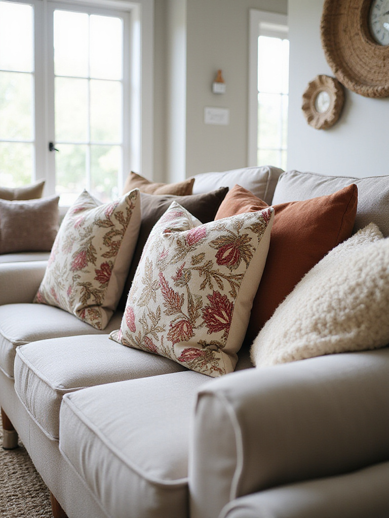 Living room sofa decorated with a variety of colorful and textured throw pillows.