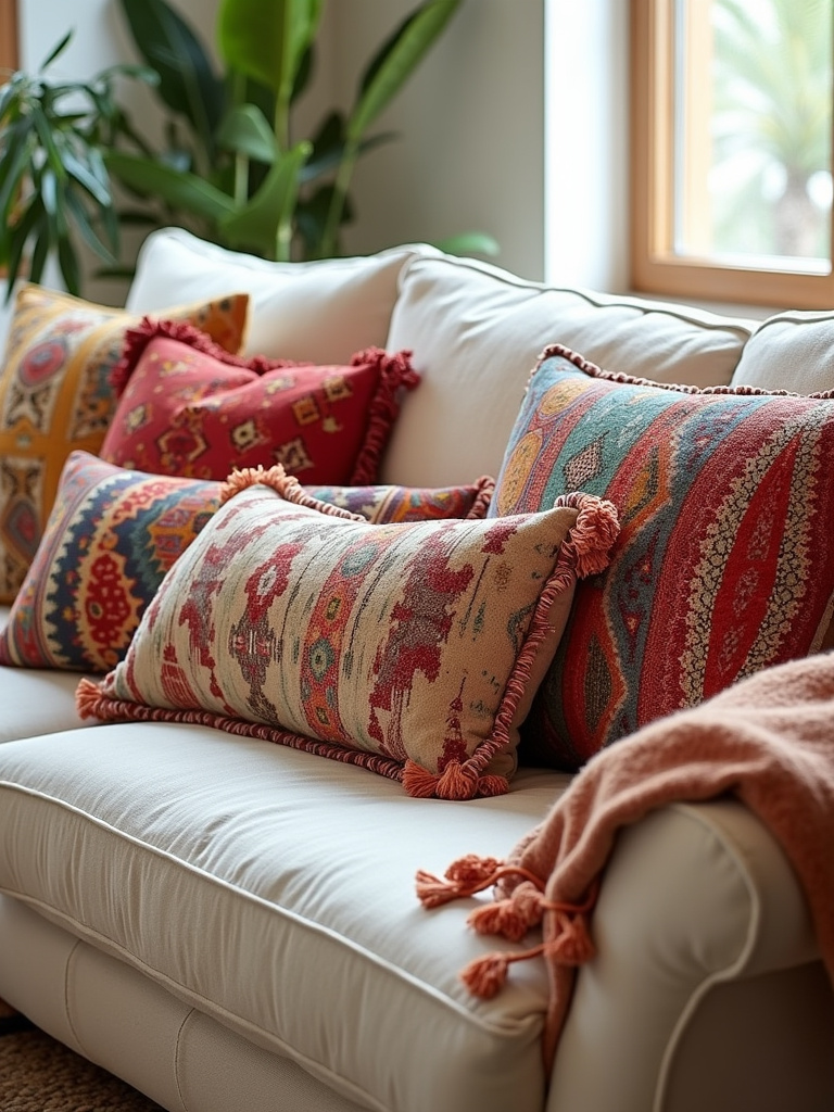 Boho living room with layered pillows in global patterns