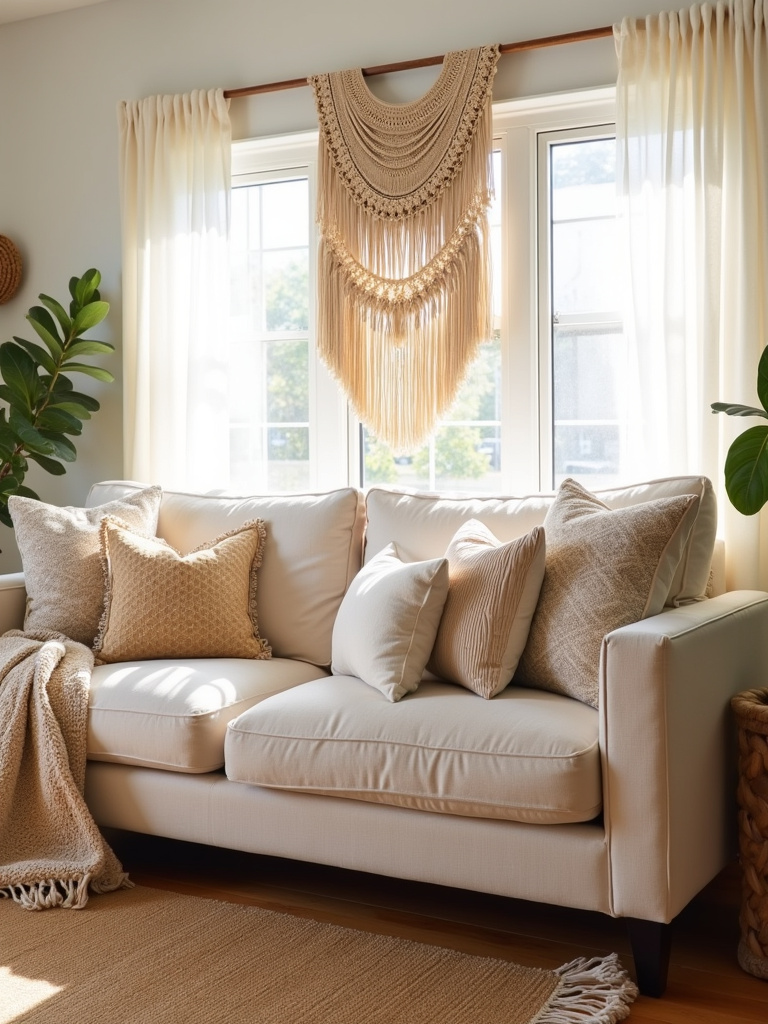 Boho living room with tassel and fringe accents on pillows, wall hanging, blanket, and rug.