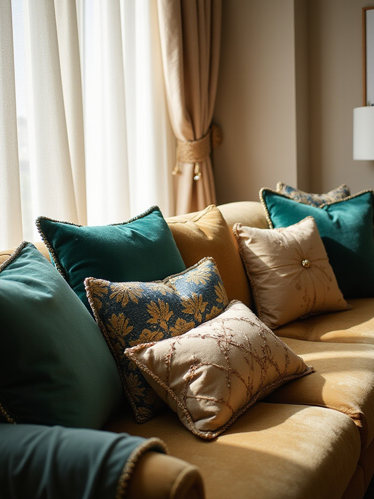 Luxurious living room with velvet sofa and designer throw pillows in rich colors and textures.