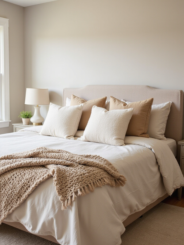 Beige bedroom with layered plush throws and pillows in creamy beige shades, creating a cozy and inviting sanctuary.