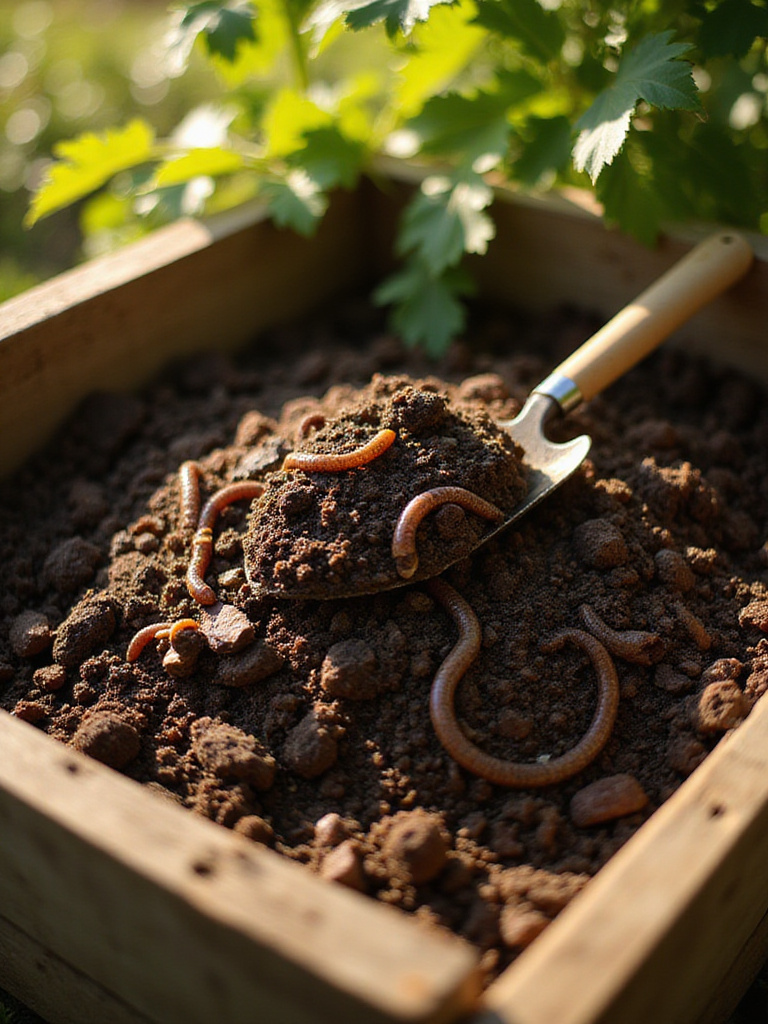 Close-up of dark, rich compost teeming with earthworms in a wooden compost bin.