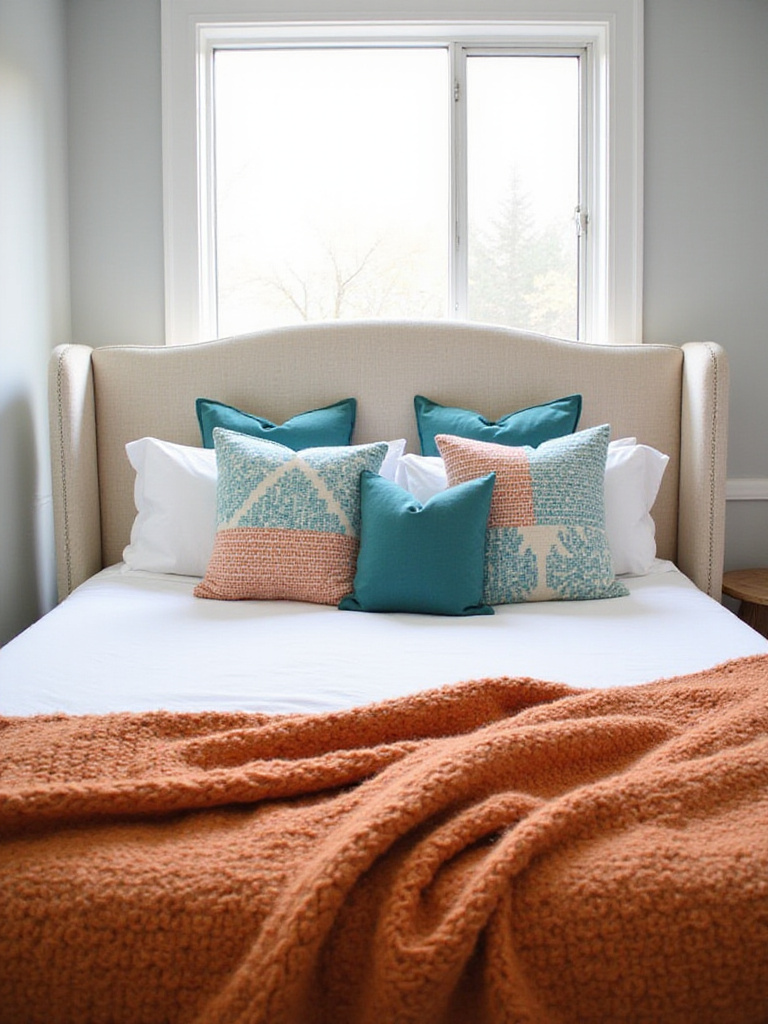 Small bedroom decor with white bedding, colorful geometric pillows, and a burnt orange throw blanket.