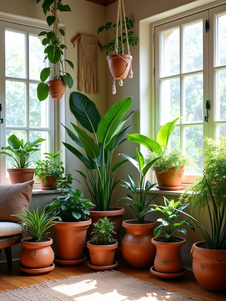 Boho living room with terracotta planters and lush greenery