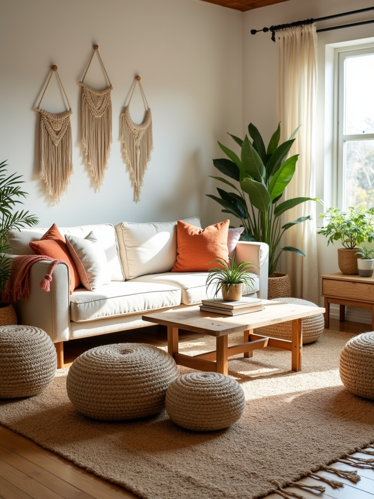 Boho living room with natural fiber poufs used as casual seating and footrests.