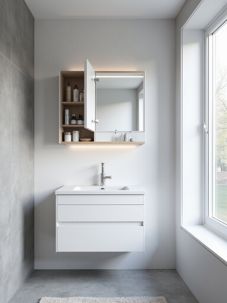 Small bathroom with recessed medicine cabinet featuring a large mirror door and integrated LED lighting.