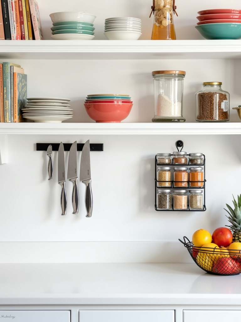 Kitchen with clean countertops and vertical storage solutions like shelves, magnetic knife strip, and spice rack.