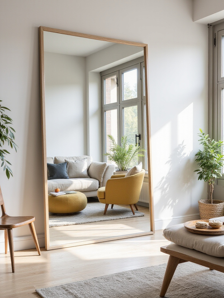 Living room with large mirror reflecting natural light and creating a spacious feel.