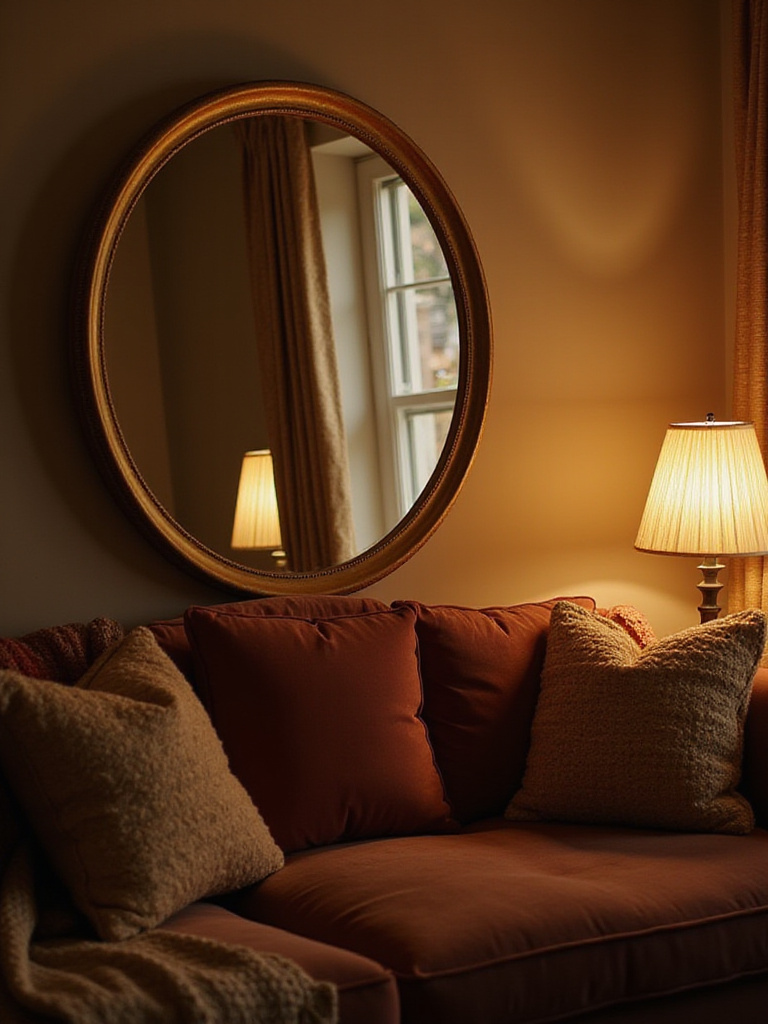Cozy living room with a large round mirror reflecting soft lamp light