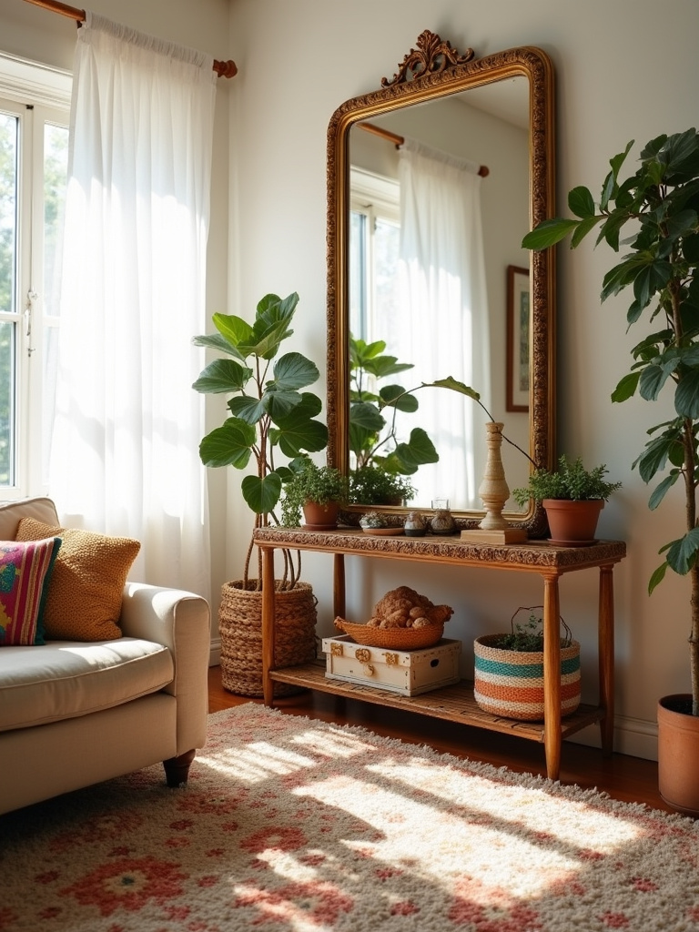 Boho living room with a large, gold-framed vintage mirror leaning against the wall.