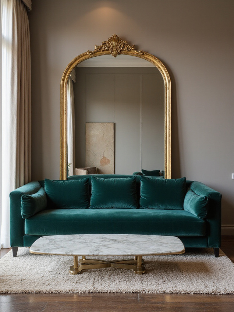 Luxurious living room featuring a large gold-framed arched mirror reflecting the space and enhancing the sense of depth.