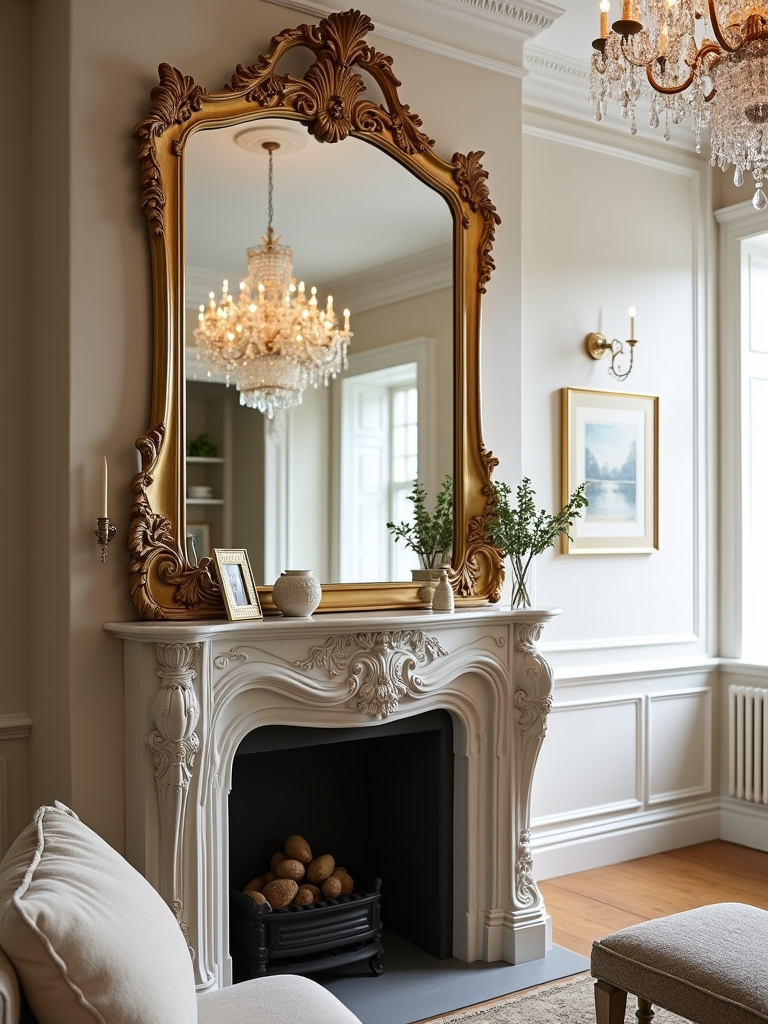 Elegant living room with a gold-framed mirror above the fireplace, reflecting light and adding a touch of glamour