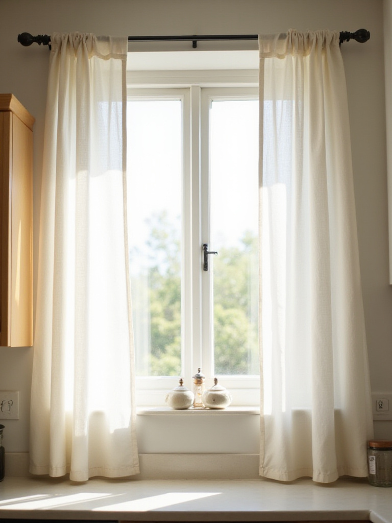 Bright kitchen with light linen curtains and sunlight streaming through the window