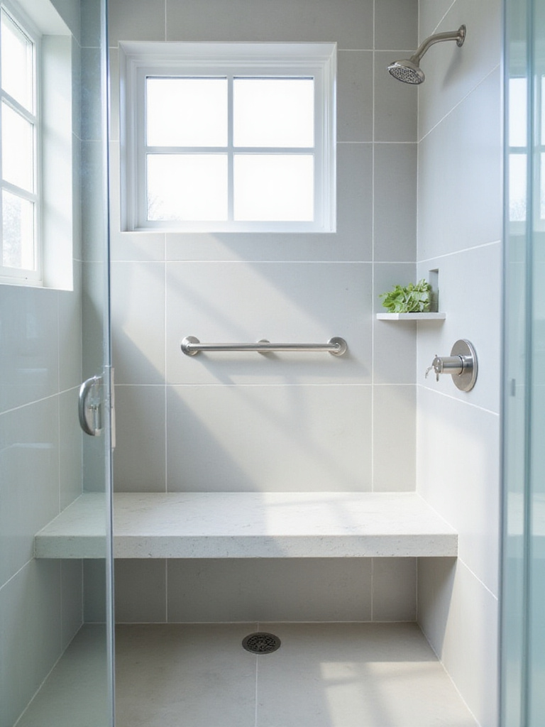 Modern shower with floating quartz bench and light gray tile.