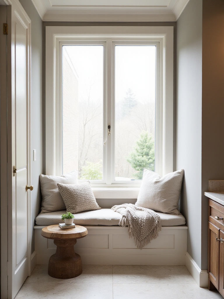 Cozy bathroom seating nook with built-in bench and natural light