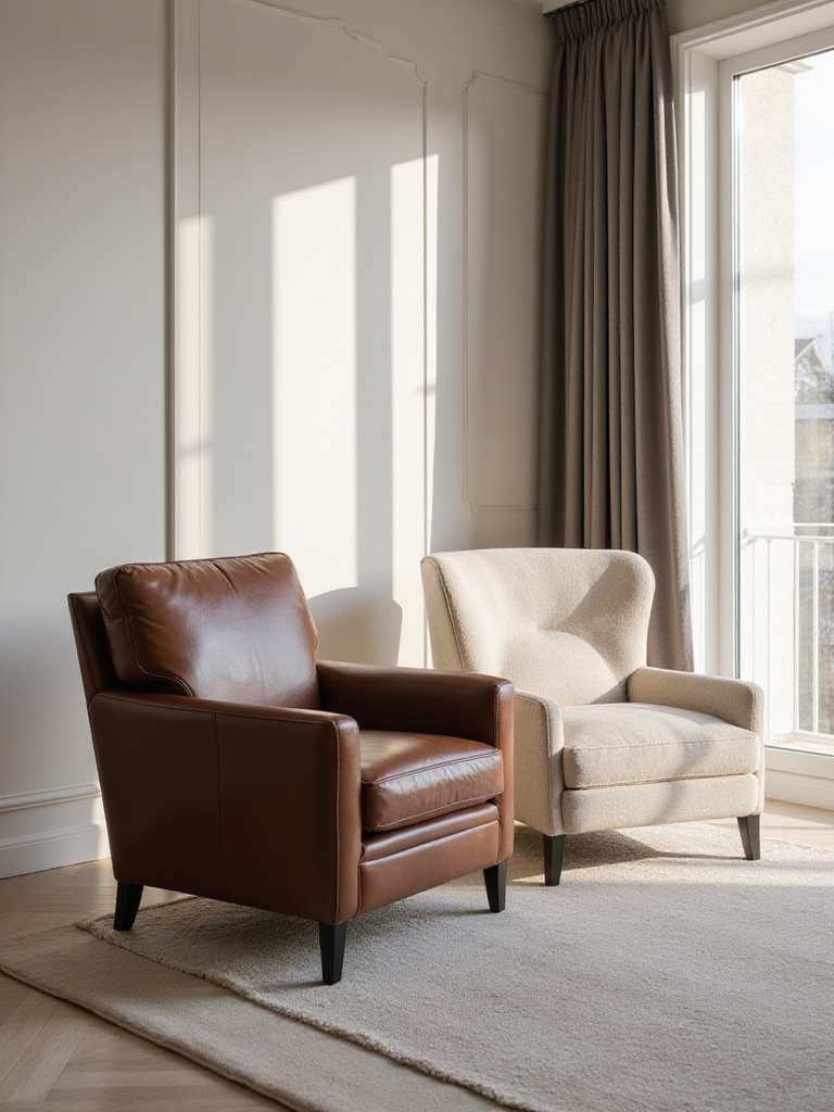 Luxurious living room featuring a leather armchair and a bouclé armchair.