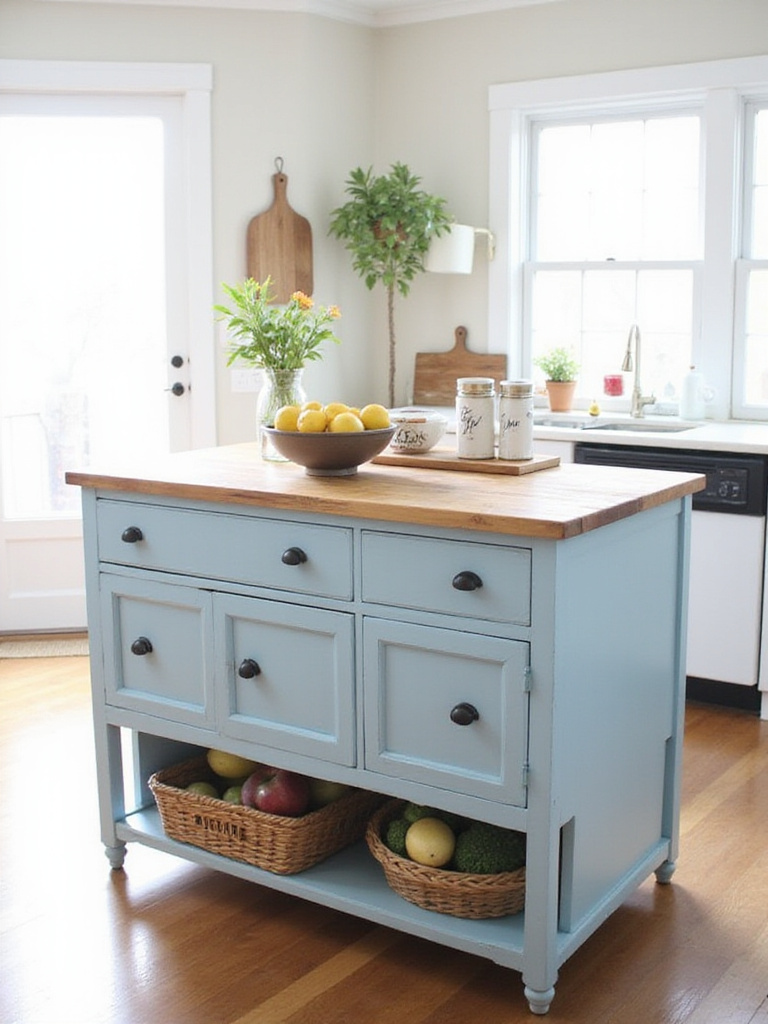 Repurposed blue dresser as a kitchen island with butcher block countertop.