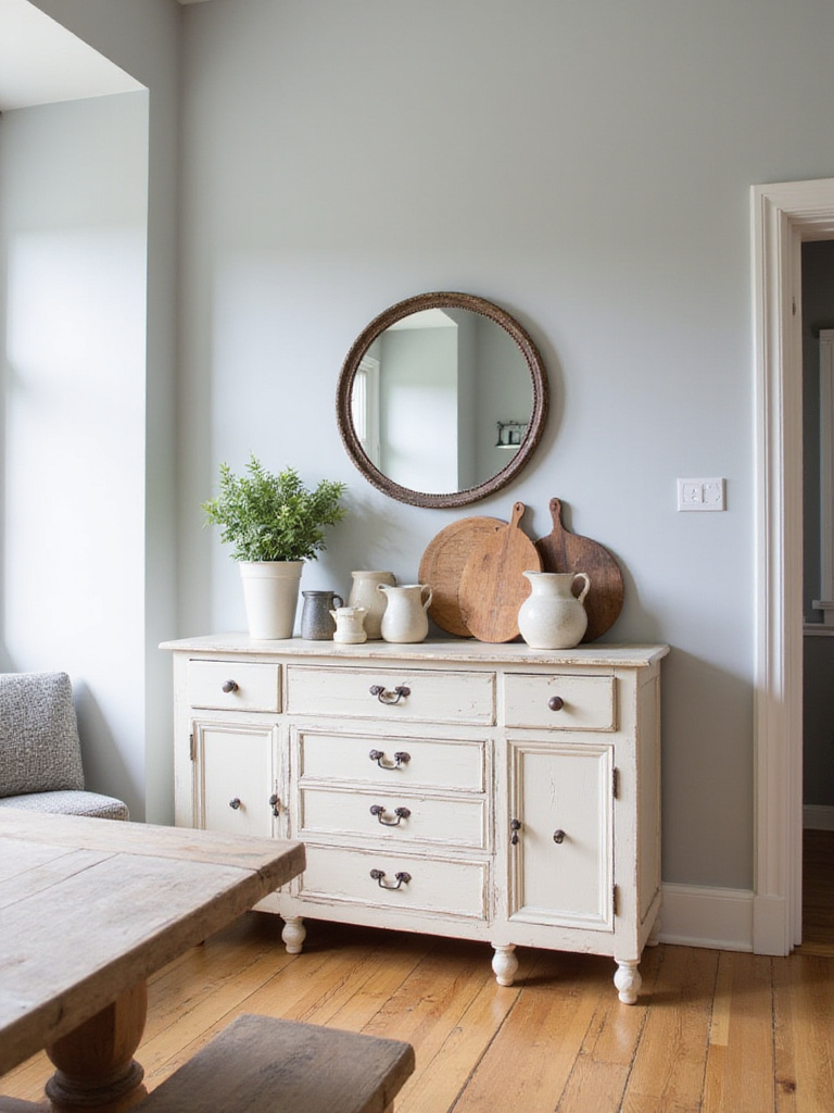 Farmhouse dining room with repurposed vintage sideboard for storage and style.