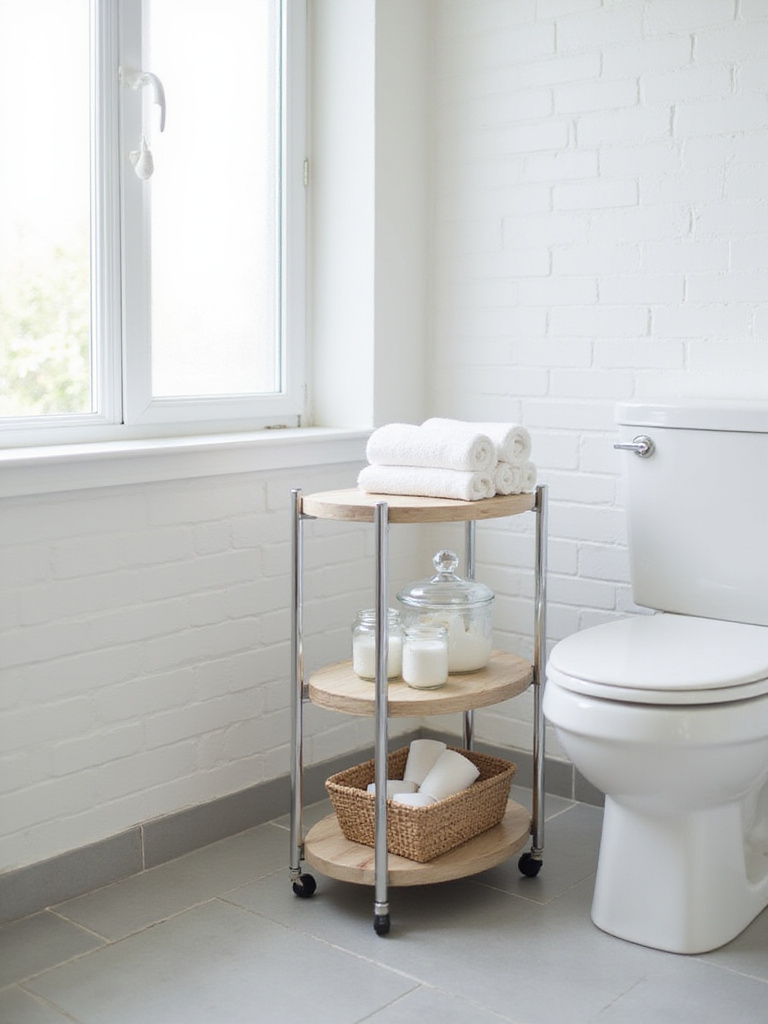 Slim rolling cart providing extra storage in a small bathroom