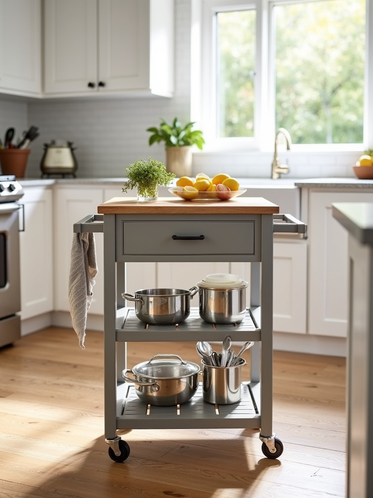 Mobile kitchen cart with butcher block top providing extra counter space and storage in a modern kitchen.