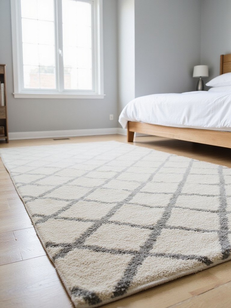 Small bedroom with a geometric rug defining the sleeping area.